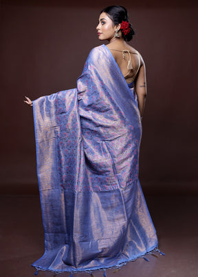 Blue Dupion Silk Saree With Blouse Piece