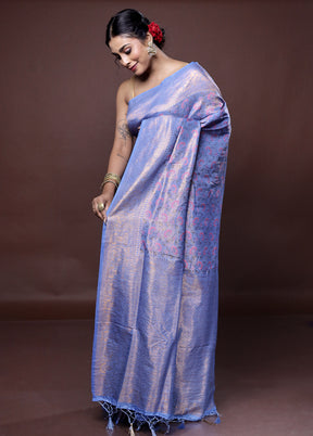 Blue Dupion Silk Saree With Blouse Piece