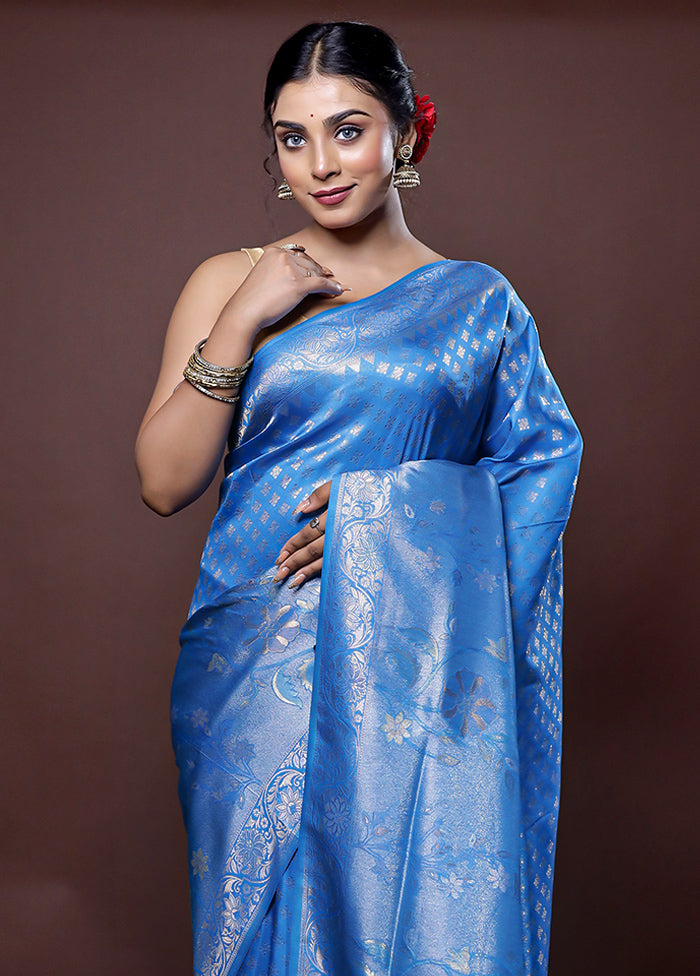 Blue Dupion Silk Saree With Blouse Piece