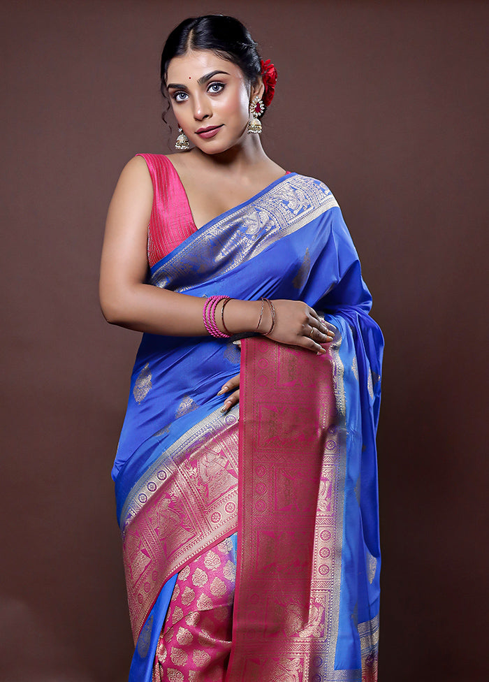 Blue Dupion Silk Saree With Blouse Piece