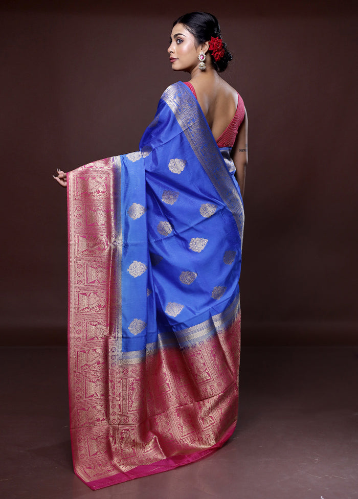 Blue Dupion Silk Saree With Blouse Piece