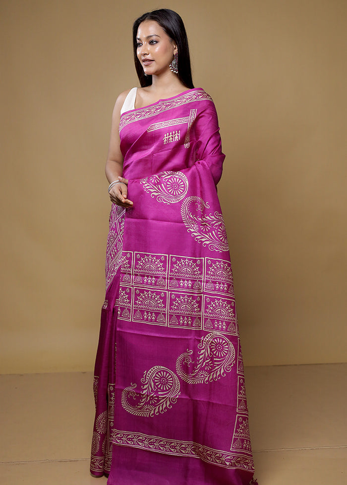 Purple Printed Pure Silk Saree With Blouse Piece