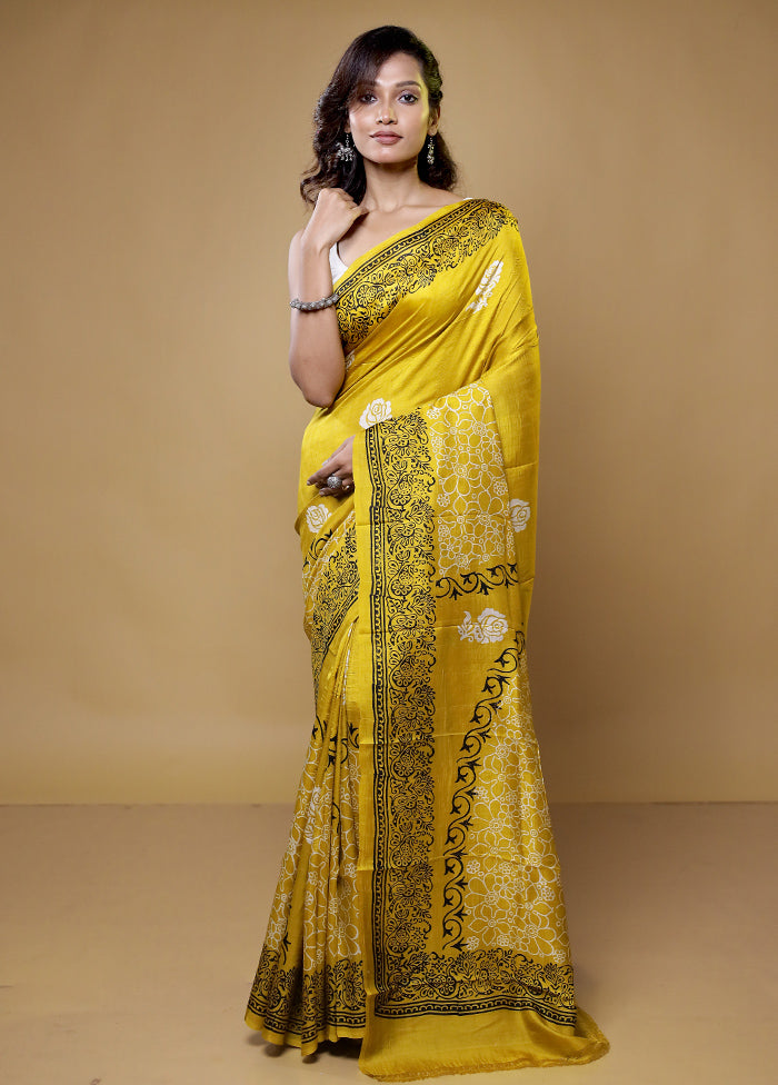Yellow Printed Pure Silk Saree Without Blouse Piece