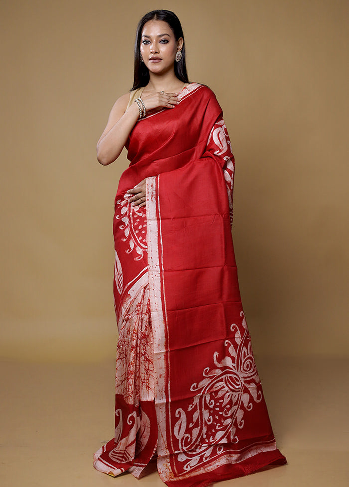 Red Printed Pure Silk Saree With Blouse Piece