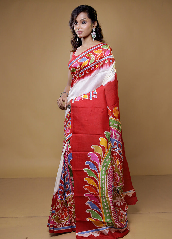 White Printed Pure Silk Saree Without Blouse Piece