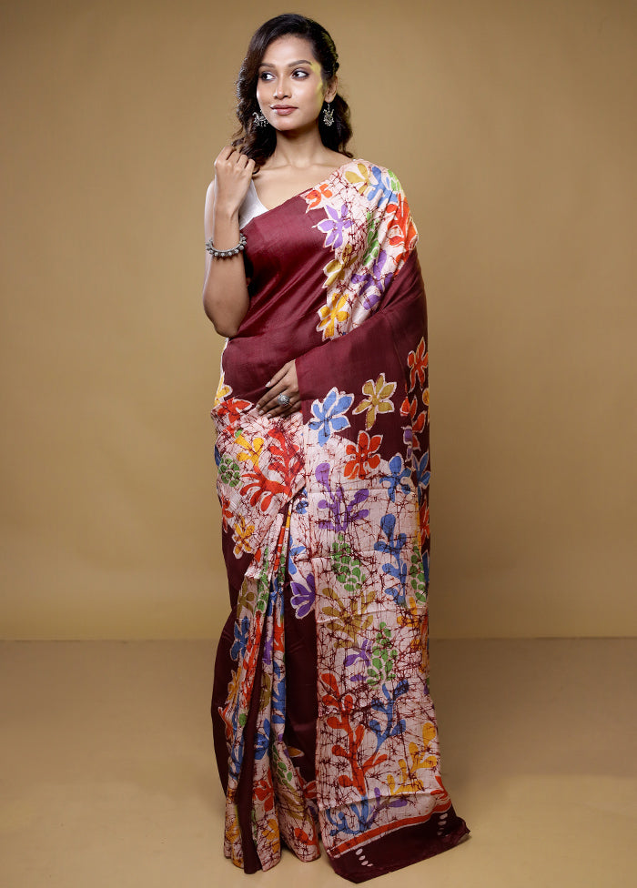 Brown Printed Pure Silk Saree Without Blouse Piece