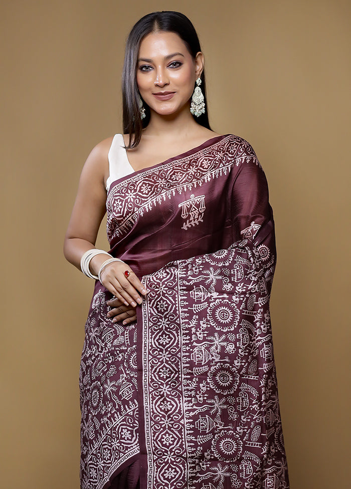 Brown Printed Pure Silk Saree With Blouse Piece