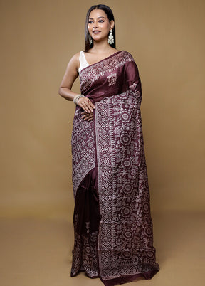 Brown Printed Pure Silk Saree With Blouse Piece