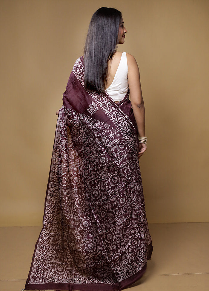 Brown Printed Pure Silk Saree With Blouse Piece