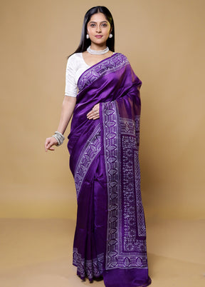 Purple Printed Pure Silk Saree Without Blouse Piece