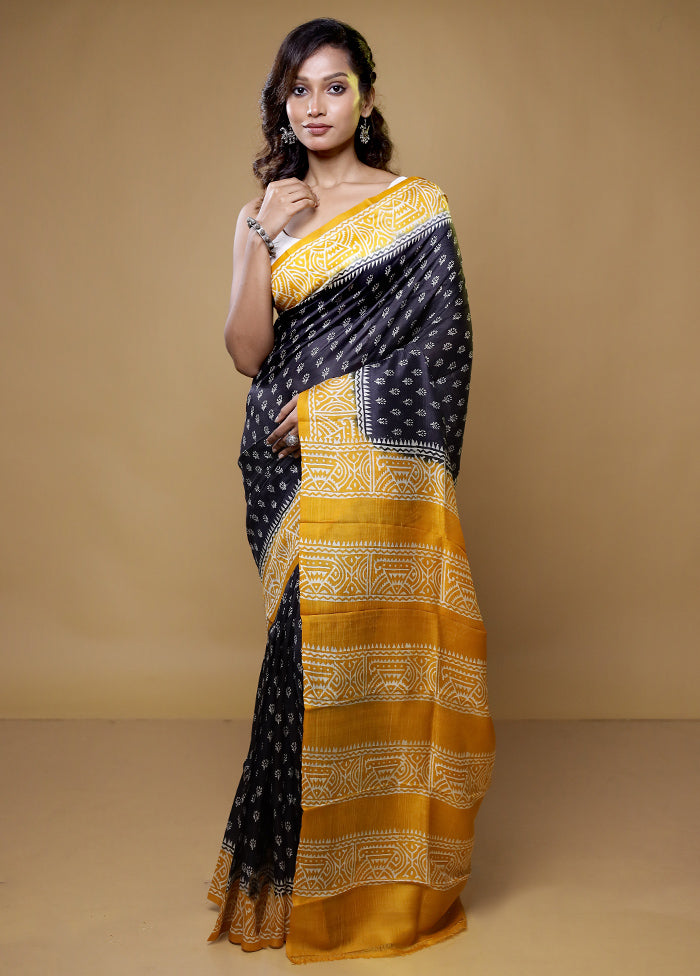 Black Printed Pure Silk Saree Without Blouse Piece
