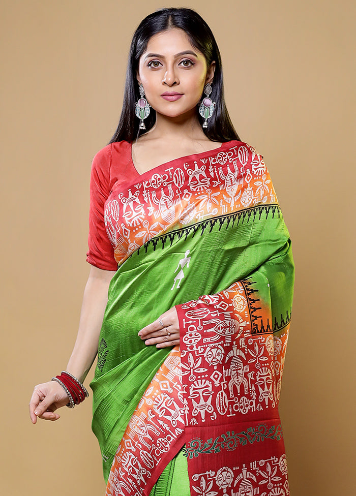 Green Printed Pure Silk Saree Without Blouse Piece