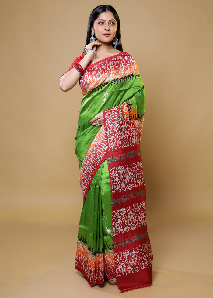 Green Printed Pure Silk Saree Without Blouse Piece