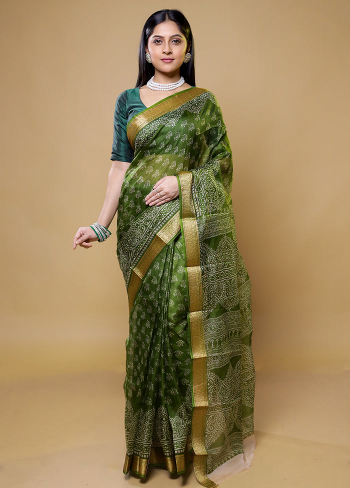 Green Printed Pure Silk Saree Without Blouse Piece