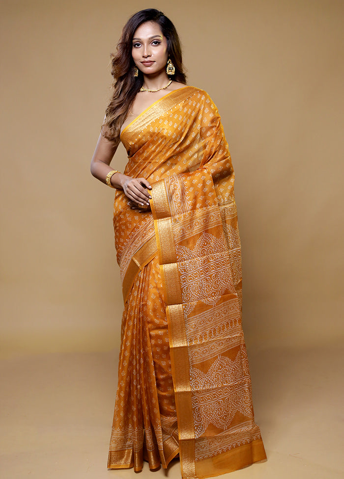 Yellow Printed Pure Silk Saree Without Blouse Piece