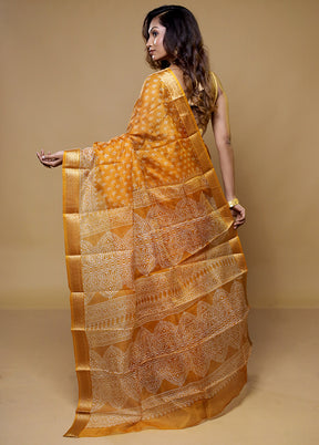 Yellow Printed Pure Silk Saree Without Blouse Piece