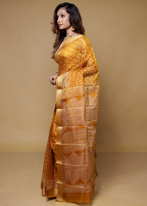 Yellow Printed Pure Silk Saree Without Blouse Piece