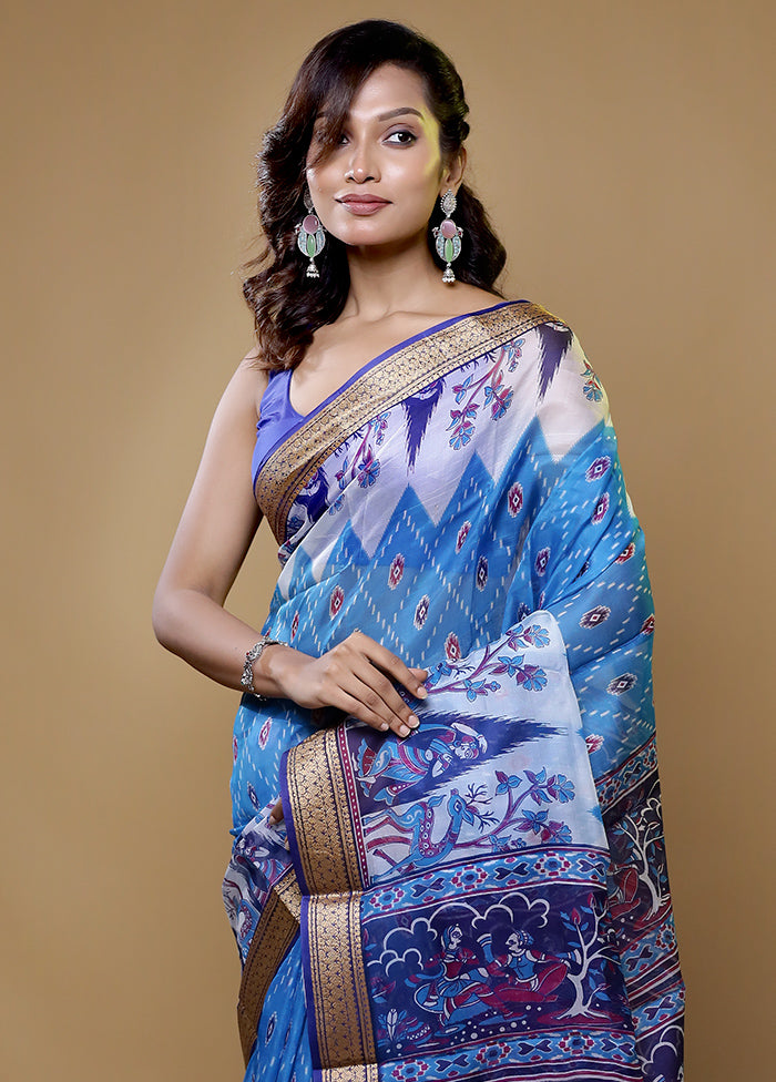 White Printed Pure Silk Saree Without Blouse Piece