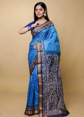 Blue Printed Pure Silk Saree Without Blouse Piece