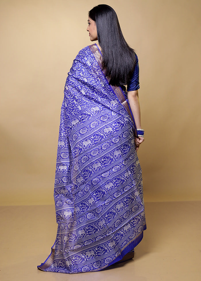 Blue Printed Pure Silk Saree Without Blouse Piece