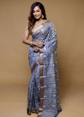 Grey Printed Pure Silk Saree Without Blouse Piece