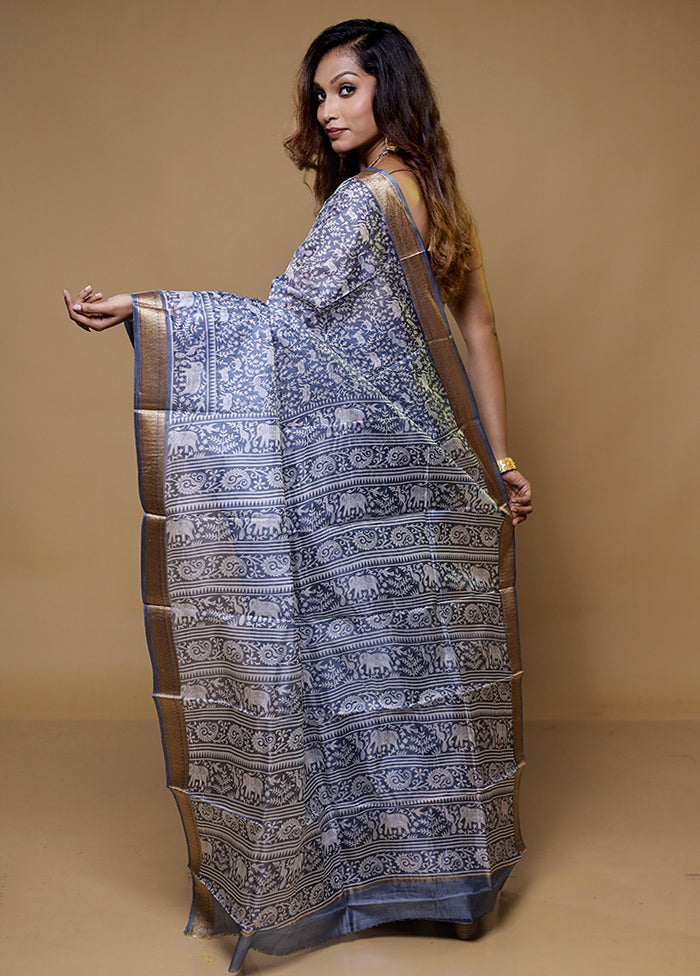 Grey Printed Pure Silk Saree Without Blouse Piece
