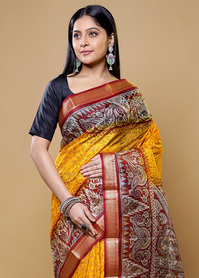 Yellow Printed Pure Silk Saree Without Blouse Piece