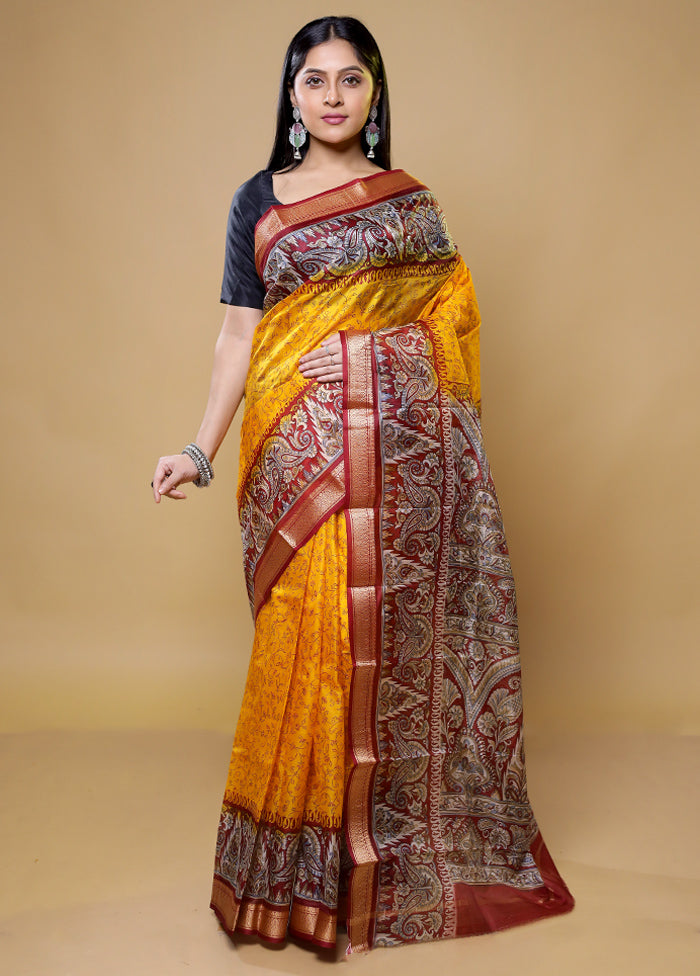 Yellow Printed Pure Silk Saree Without Blouse Piece