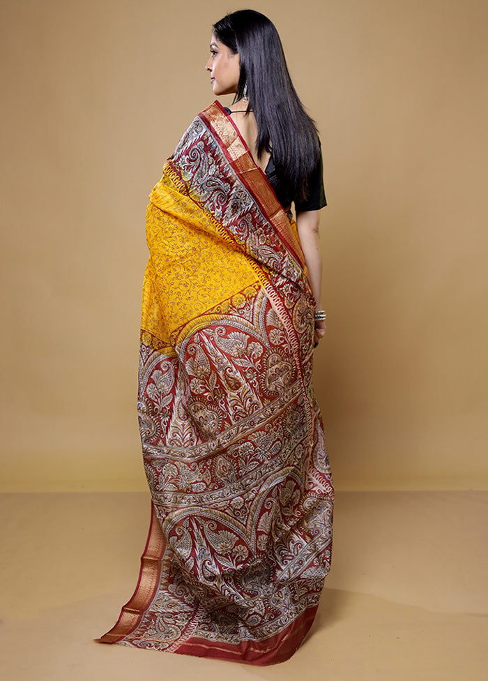 Yellow Printed Pure Silk Saree Without Blouse Piece