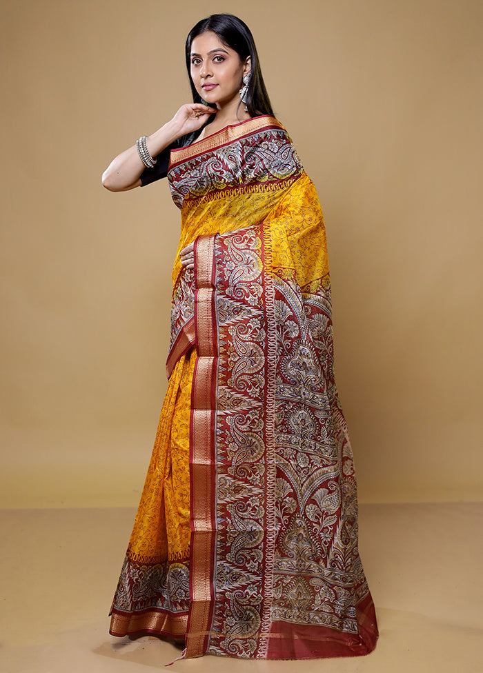 Yellow Printed Pure Silk Saree Without Blouse Piece