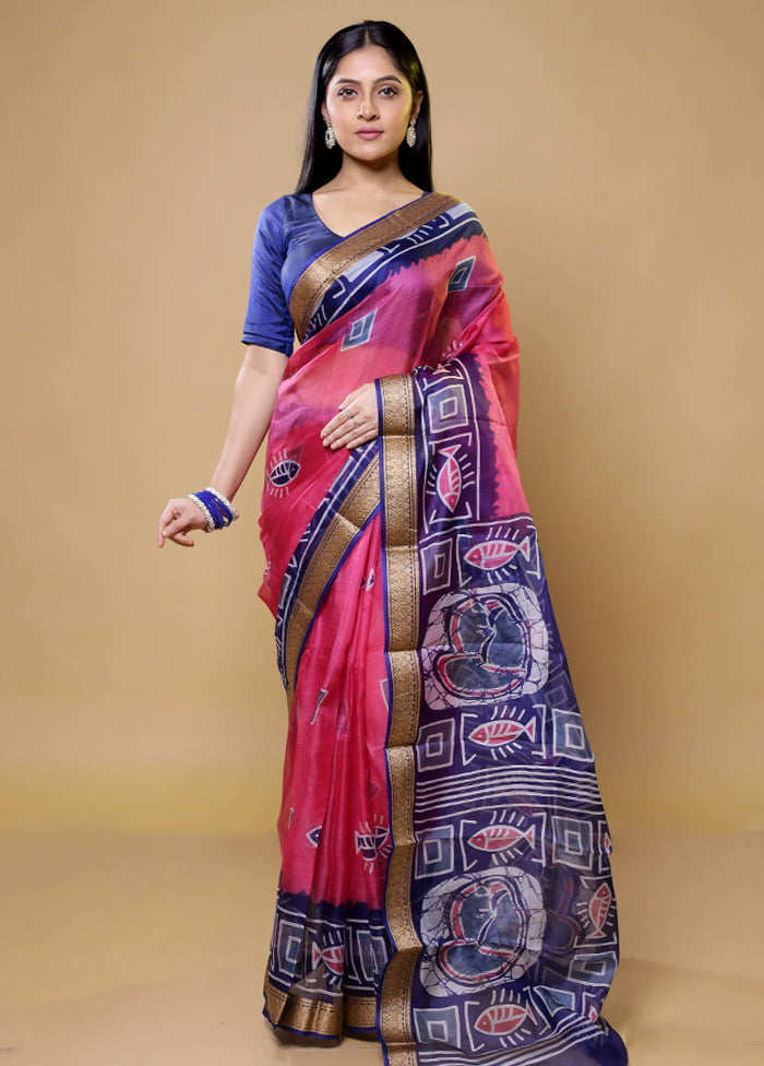 Pink Printed Pure Silk Saree Without Blouse Piece