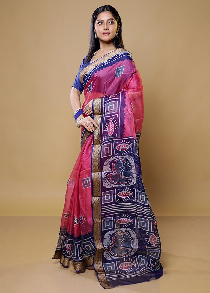 Pink Printed Pure Silk Saree Without Blouse Piece