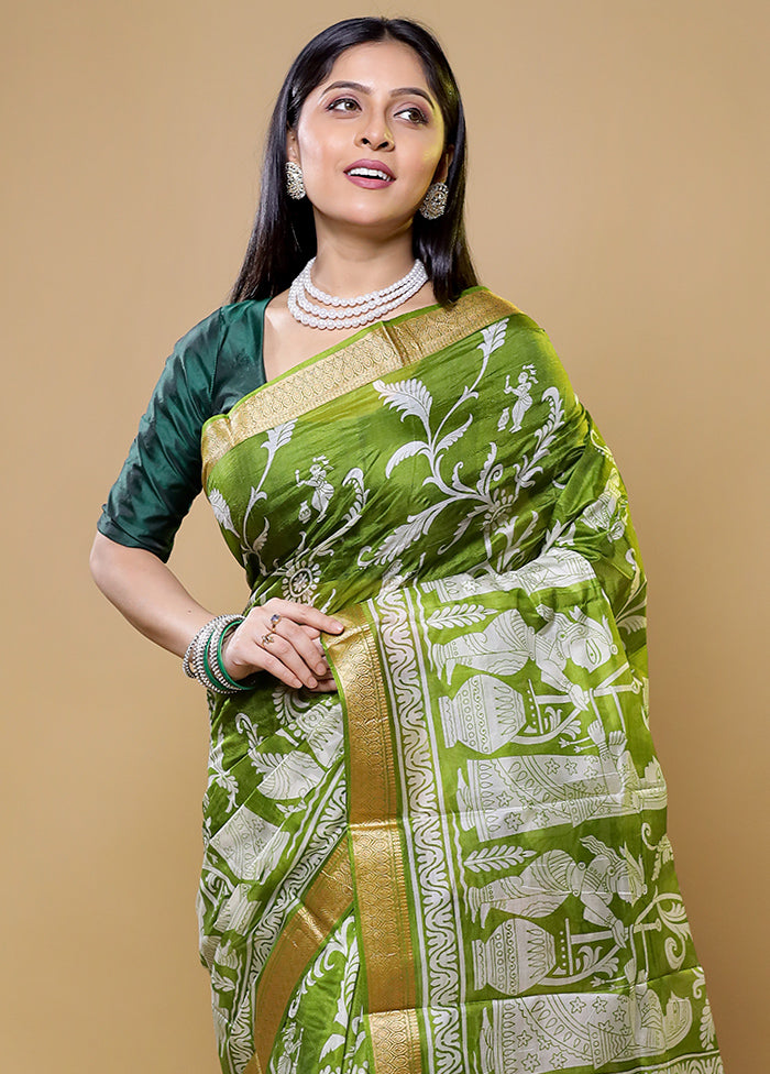 Green Printed Pure Silk Saree Without Blouse Piece