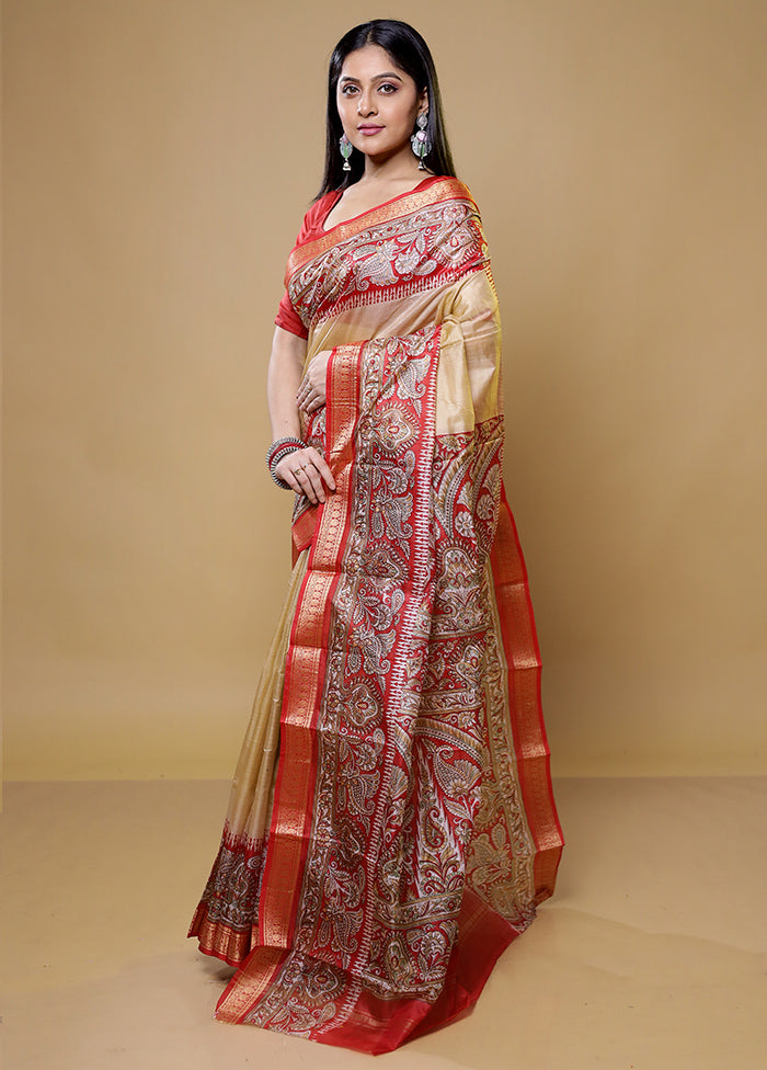 Cream Printed Pure Silk Saree Without Blouse Piece