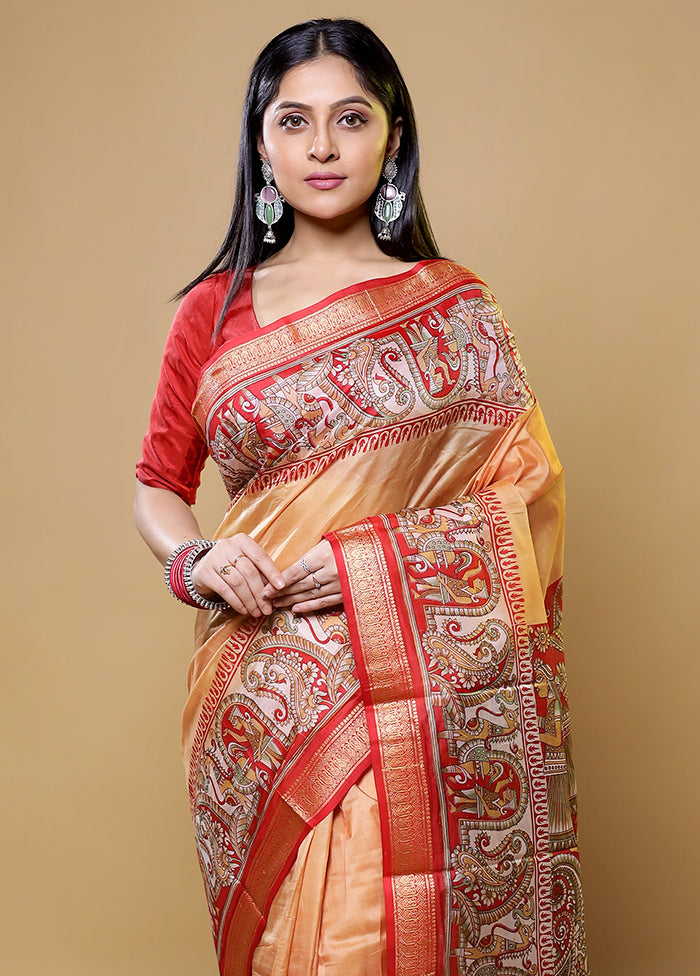 Cream Printed Pure Silk Saree Without Blouse Piece