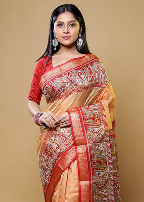 Cream Printed Pure Silk Saree Without Blouse Piece