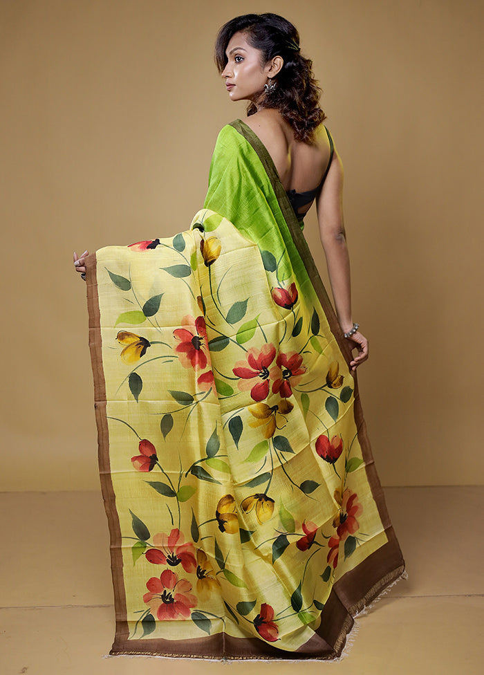 green Printed Pure Silk Saree Without Blouse Piece