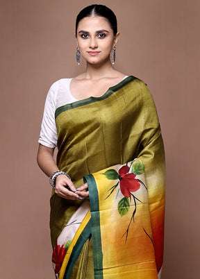 Green Printed Pure Silk Saree Without Blouse Piece