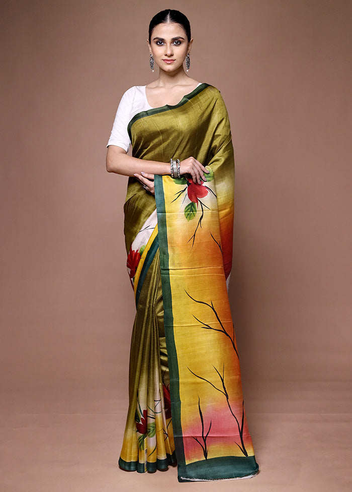 Green Printed Pure Silk Saree Without Blouse Piece