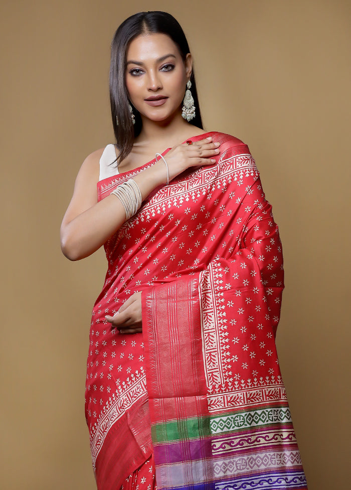 Red Pure Bishnupuri Silk Saree Without Blouse Piece