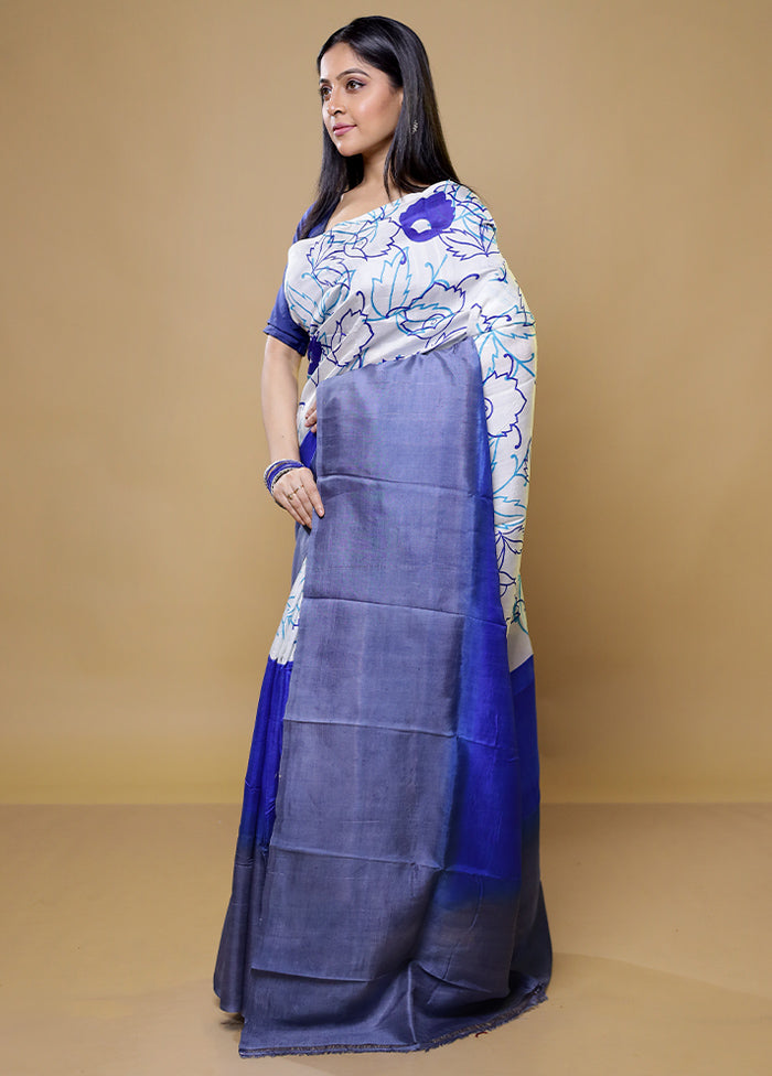 Blue Printed Pure Silk Saree Without Blouse Piece