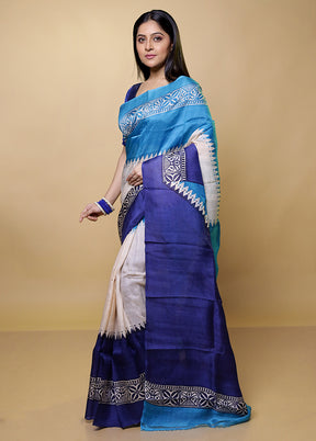 Blue Printed Pure Silk Saree Without Blouse Piece