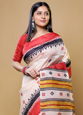 Cream Printed Pure Silk Saree Without Blouse Piece