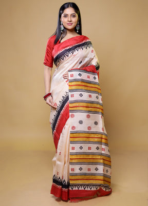 Cream Printed Pure Silk Saree Without Blouse Piece