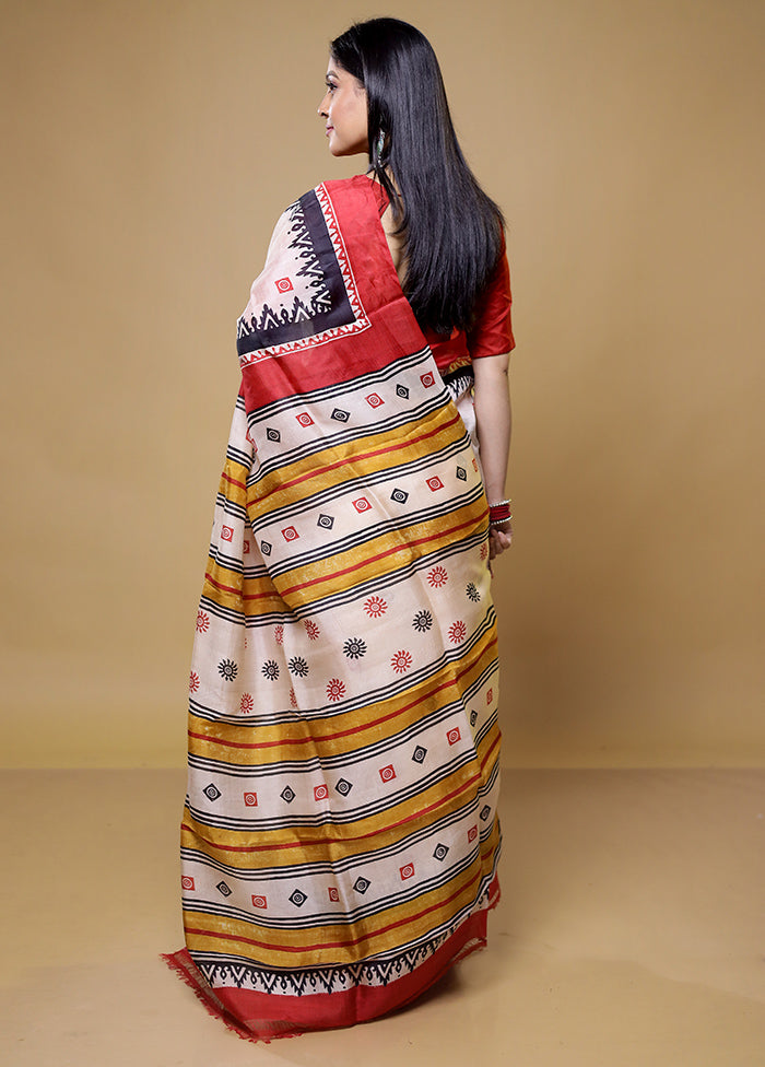 Cream Printed Pure Silk Saree Without Blouse Piece