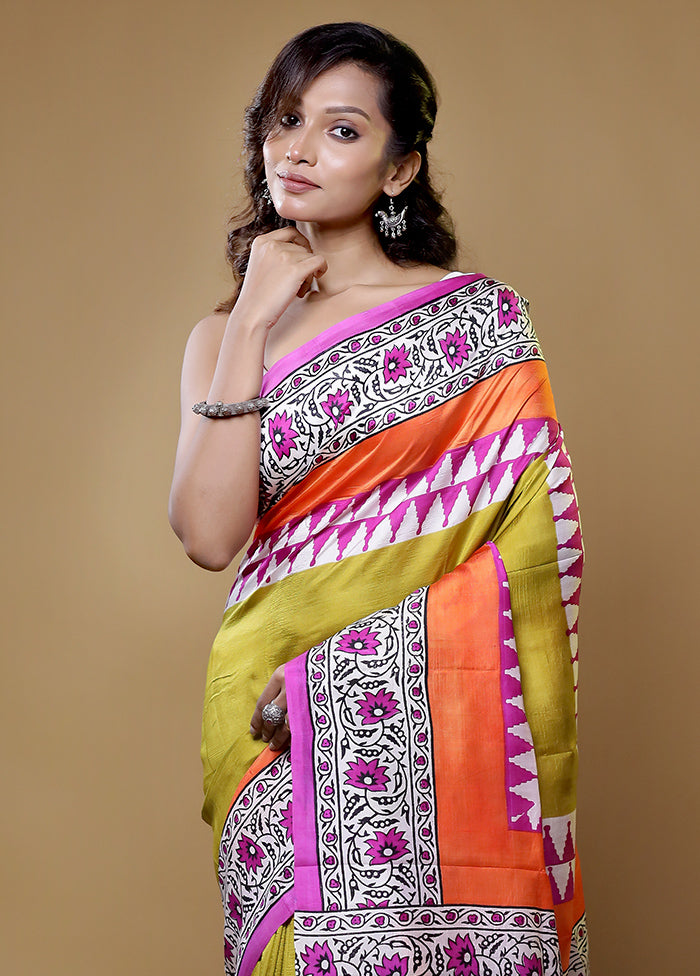 yellow Printed Pure Silk Saree Without Blouse Piece