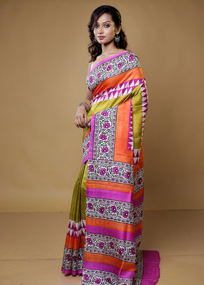 yellow Printed Pure Silk Saree Without Blouse Piece