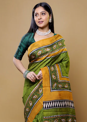 Green Printed Pure Silk Saree Without Blouse Piece