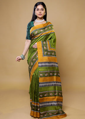 Green Printed Pure Silk Saree Without Blouse Piece