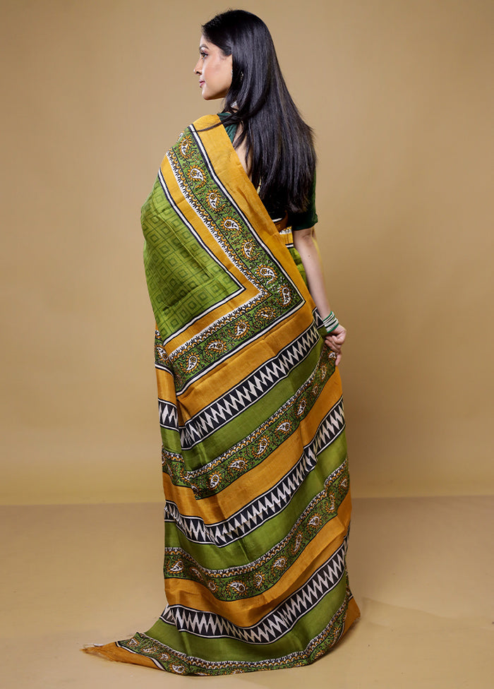 Green Printed Pure Silk Saree Without Blouse Piece